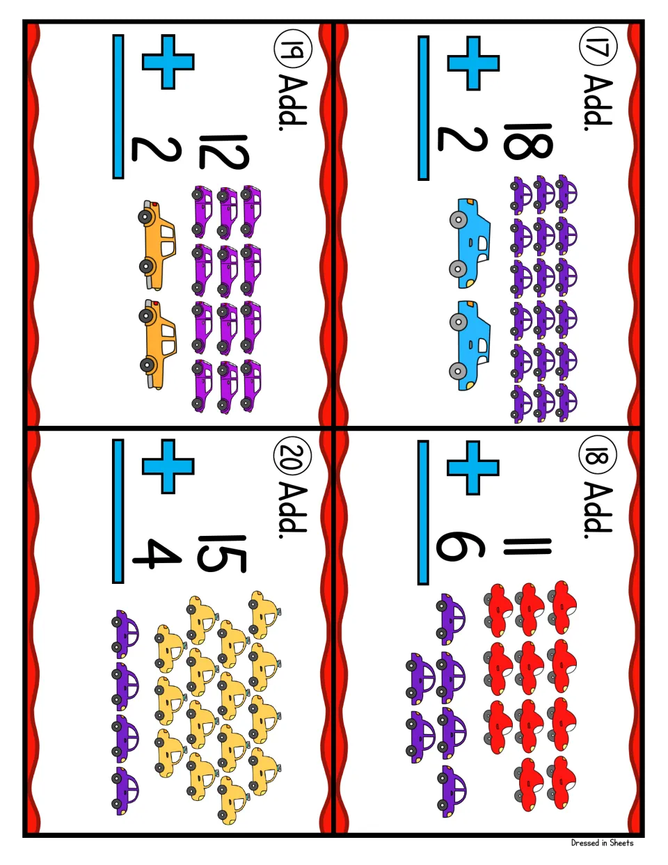 Addition task cards 17 to 20: students solve 18 + 2, 11 + 6, 12 + 2 and 15 + 4, counting two sets of pictured cars
