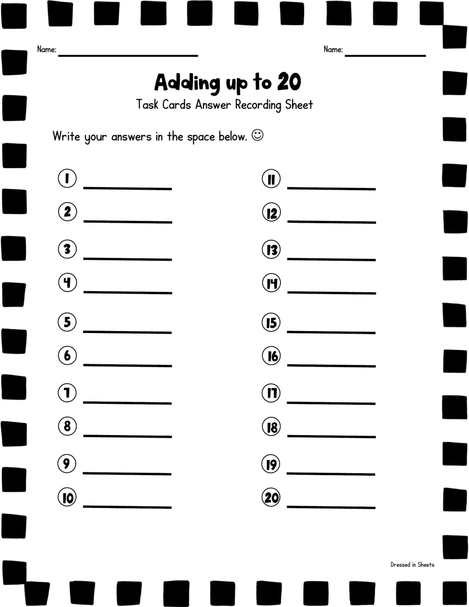 Task Cards Answer Recording Sheet: students write their name and the sum for each of the 20 numbered addition cards