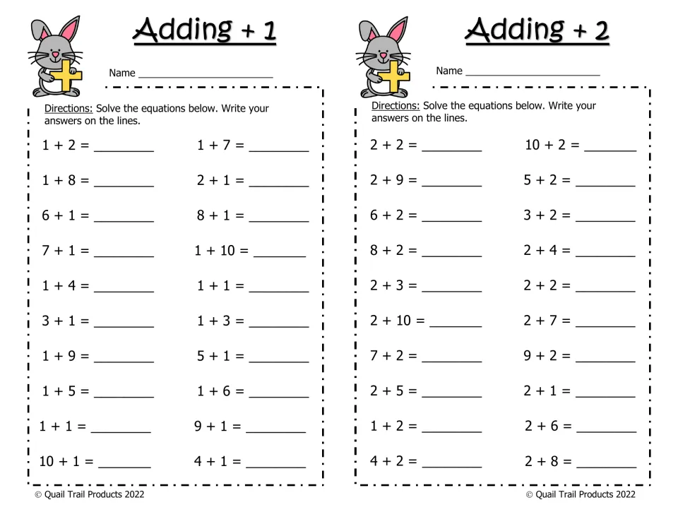 Adding +1 and Adding +2 practice: two worksheets with 20 equations each, including 1 + 10 and 10 + 2