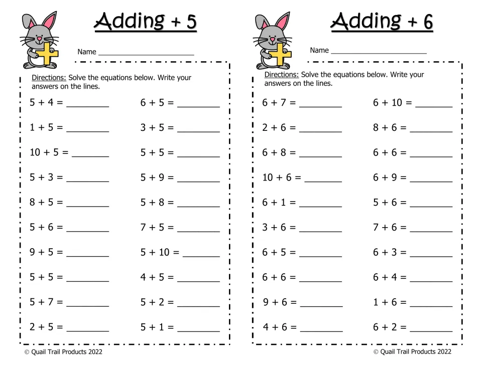 Adding +5 and Adding +6 practice: two worksheets with 20 equations each, including 10 + 5 and 6 + 10