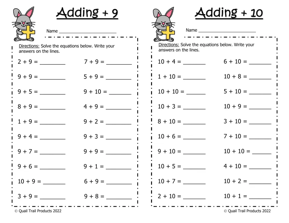 Adding +9 and Adding +10 practice: two worksheets with 20 equations each, including 9 + 9 and 10 + 10