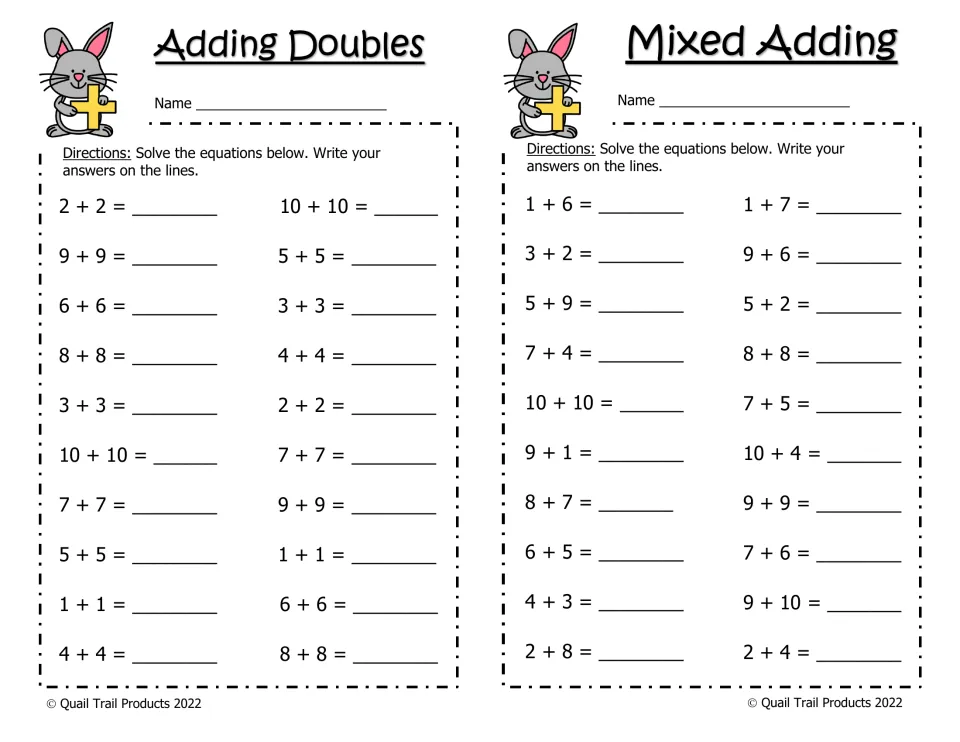 Adding Doubles and Mixed Adding practice: two worksheets with 20 equations each, using numbers 1–10