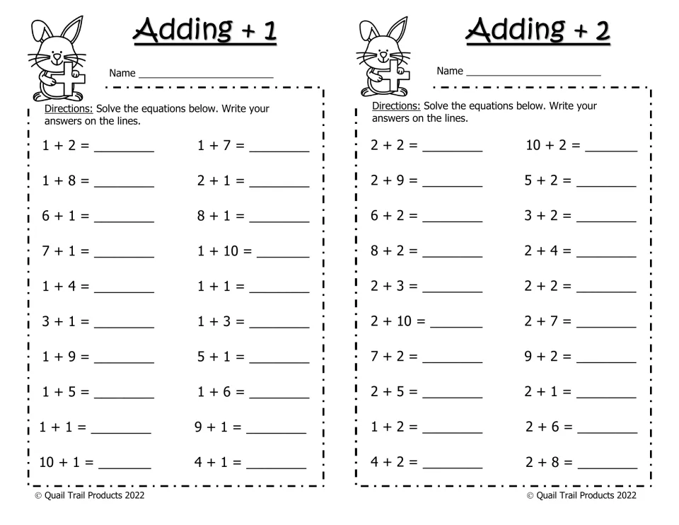 Black-and-white Adding +1 and Adding +2 worksheets, each with 20 equations, including 1 + 2 and 2 + 9