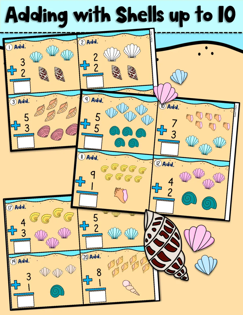 Adding with Shells up to 10 cover: beach task cards that each pair a vertical sum like 3 + 2 with shells to count