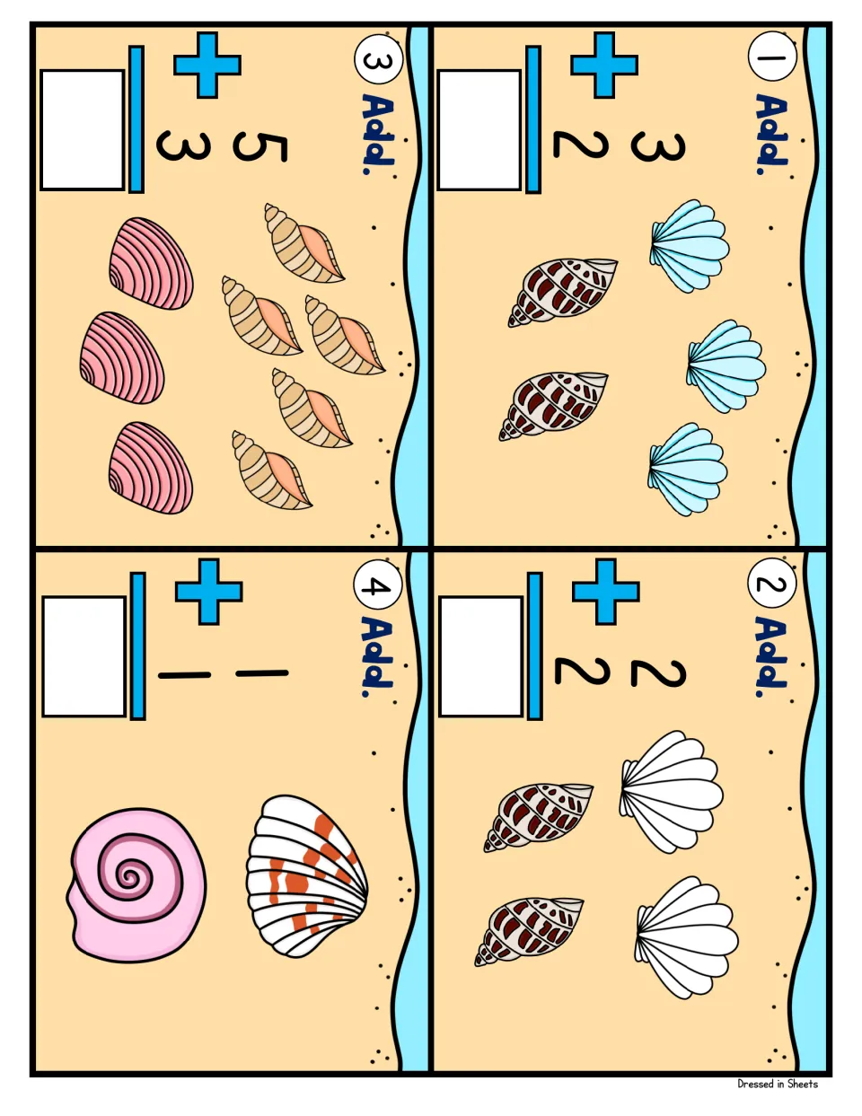 Shell addition cards 1 to 4: students count two groups of shells to solve 3 + 2, 2 + 2, 5 + 3 and 1 + 1, writing the sum