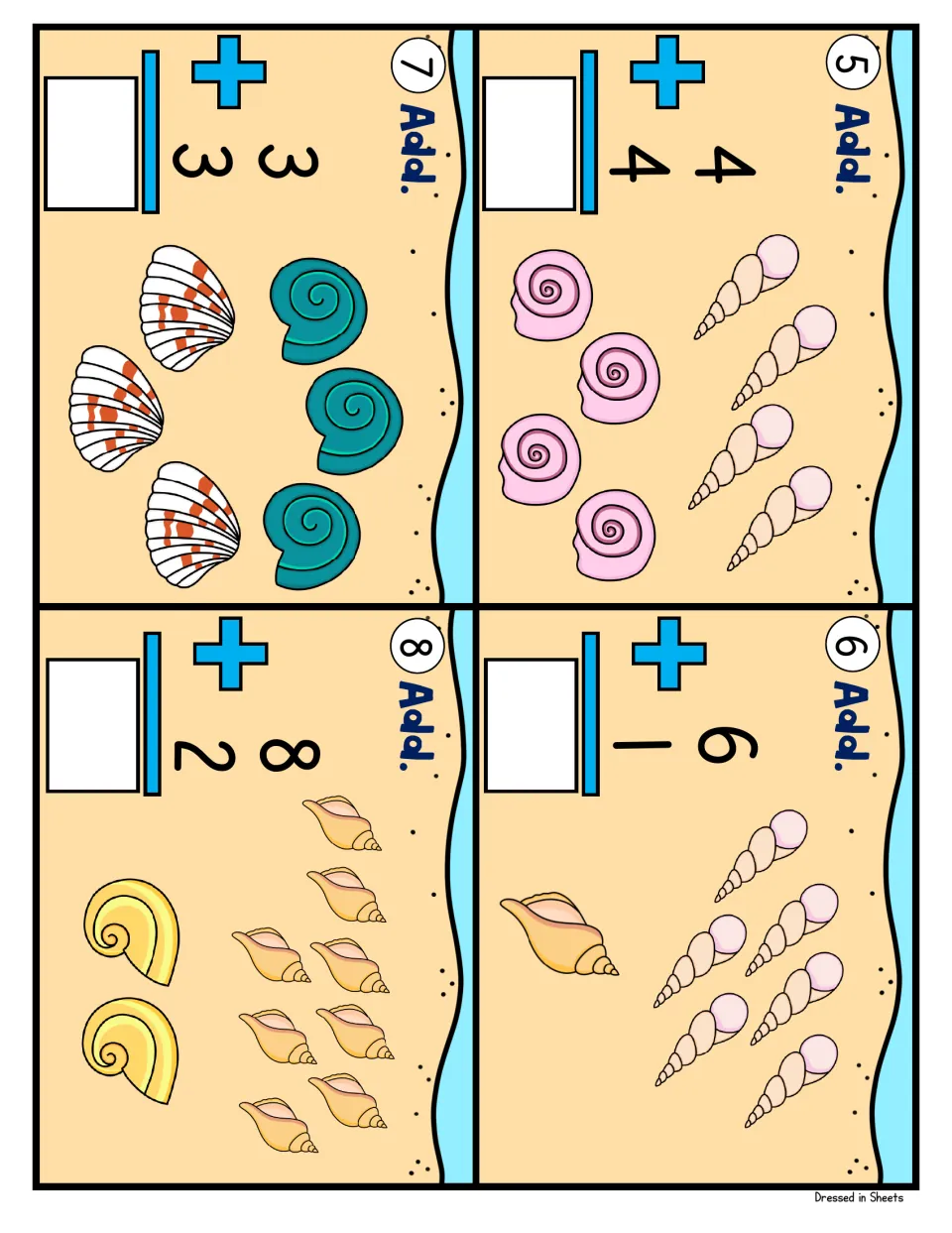 Shell addition cards 5 to 8: learners add 4 + 4, 6 + 1, 3 + 3 and 8 + 2 by counting each set of pictured seashells