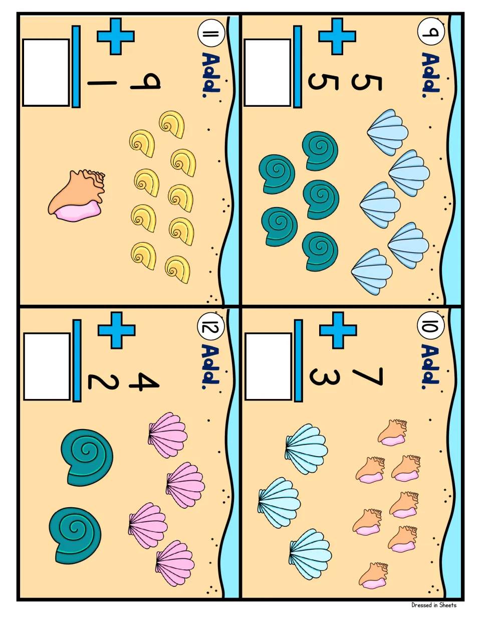 Shell addition cards 9 to 12: children find the totals of 5 + 5, 7 + 3, 9 + 1 and 4 + 2 using counted shell pictures