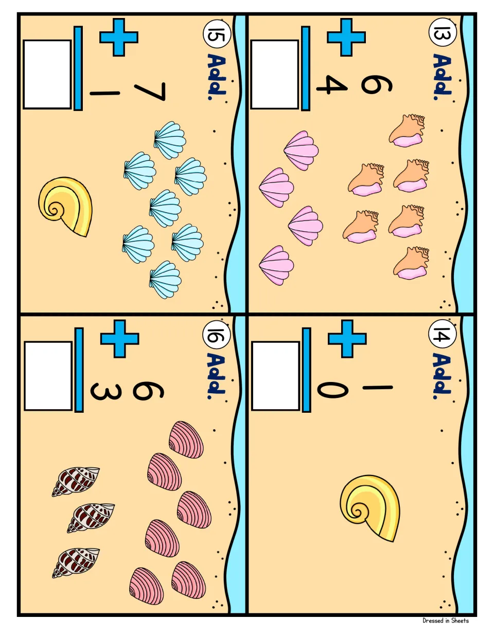 Shell addition cards 13 to 16: students solve 6 + 4, 1 + 0, 7 + 1 and 6 + 3, counting seashells and writing each sum