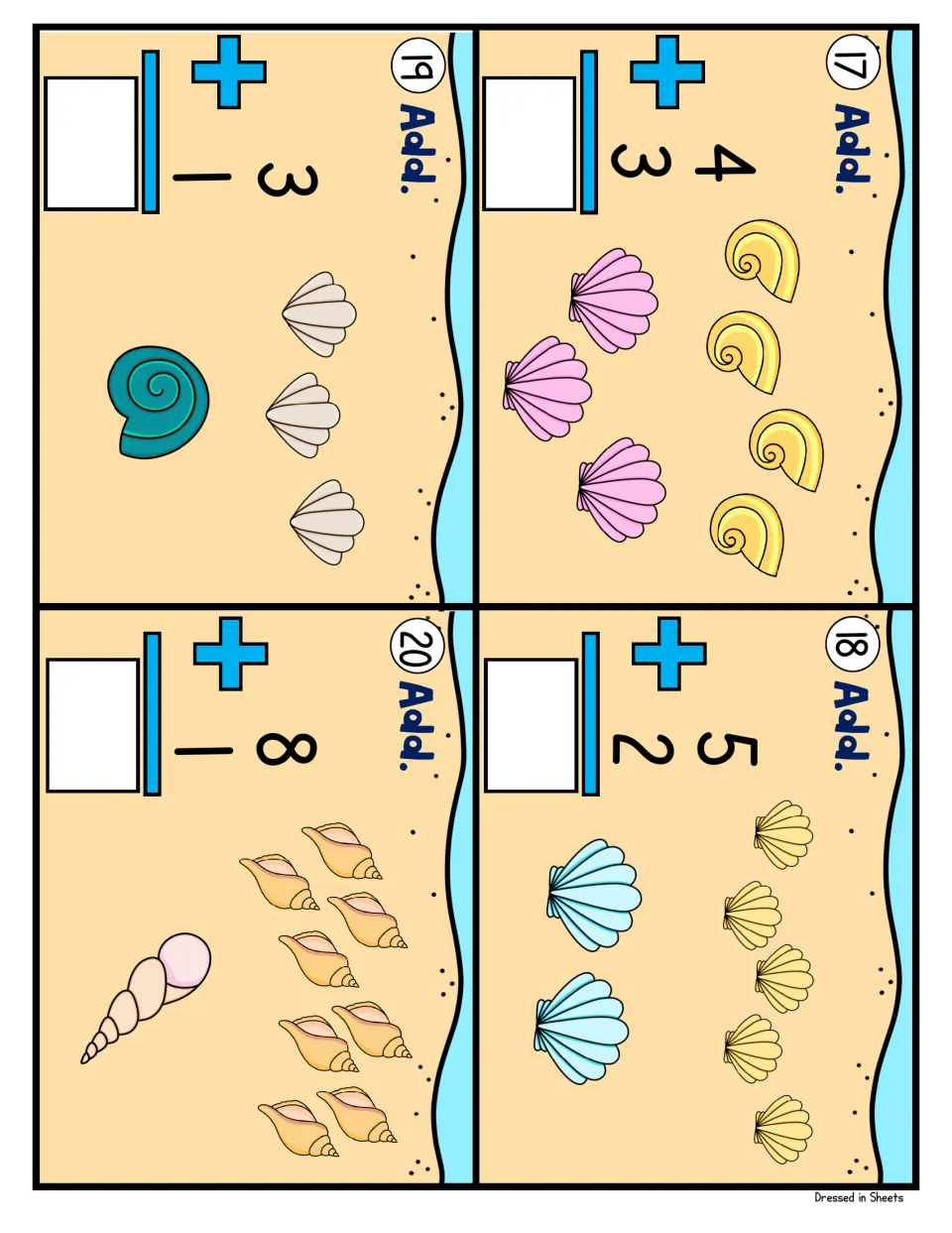 Shell addition cards 17 to 20: learners count shells to add 4 + 3, 5 + 2, 3 + 1 and 8 + 1, then record the total