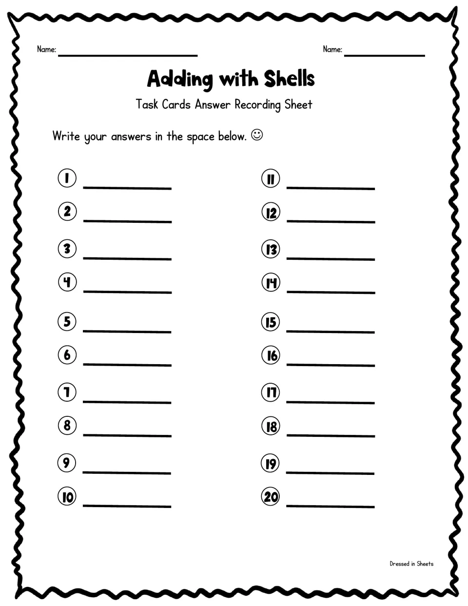 Recording sheet for the shell task cards: students record the sum they find on each of the 20 numbered cards