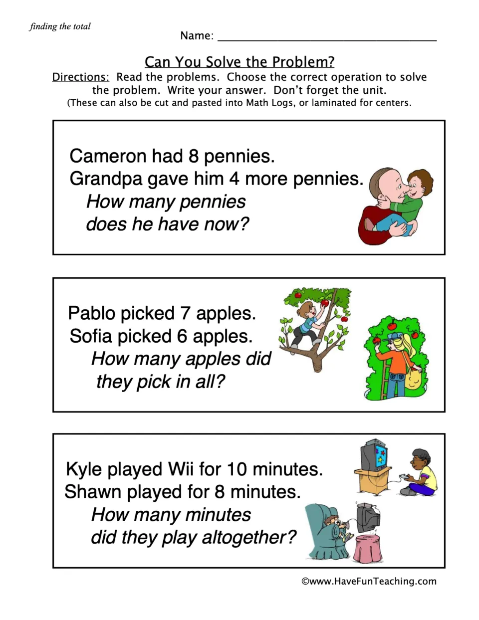 Finding the total: students solve 3 addition word problems about pennies, apples and minutes, writing answers with units