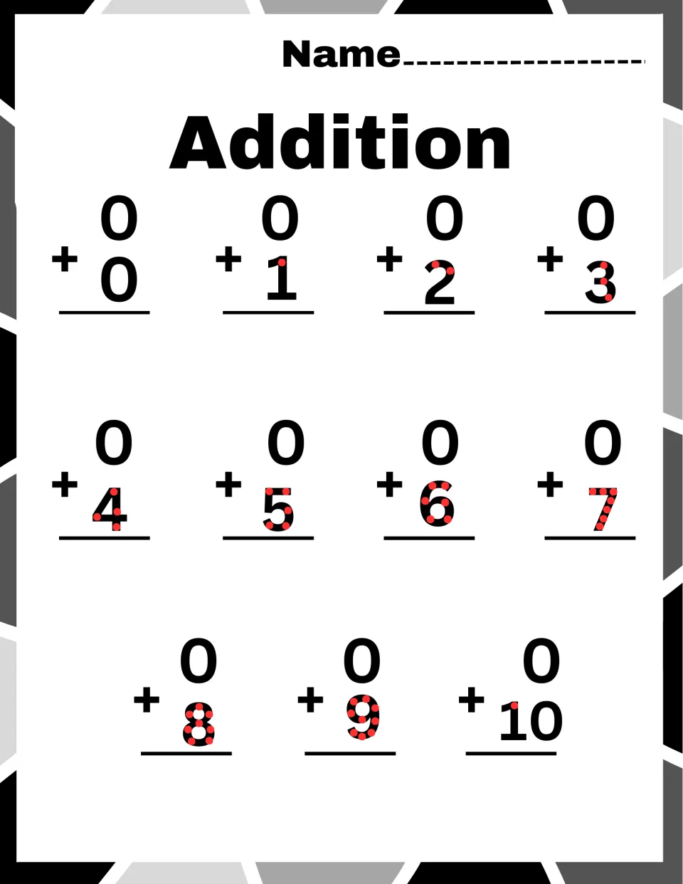 Adding 0 facts: students count the red touch dots on each number to solve 11 vertical sums from 0 + 0 to 0 + 10