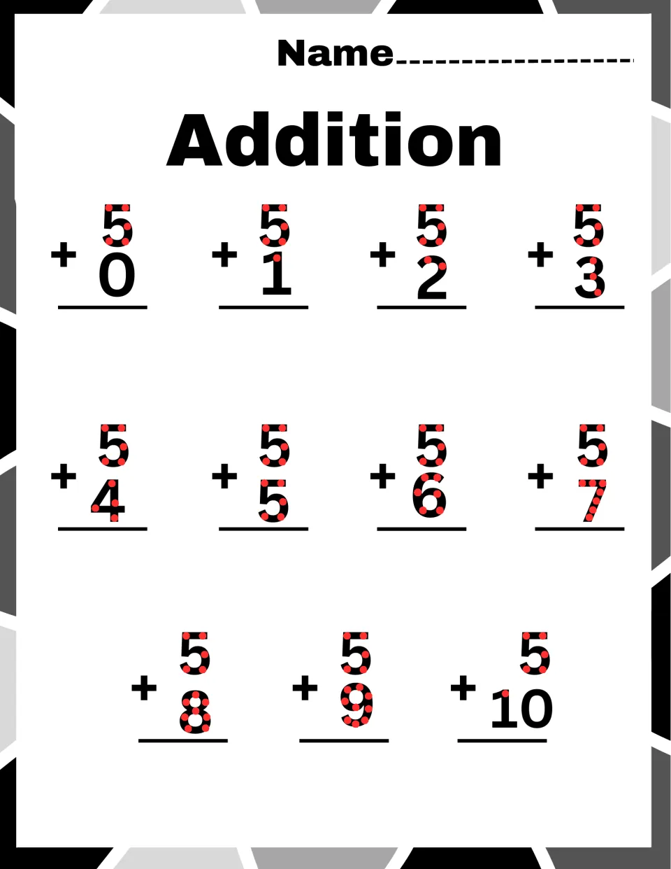 Adding 5 facts: students count the red touch dots on dotted numerals to solve 5 + 0 through 5 + 10, written vertically