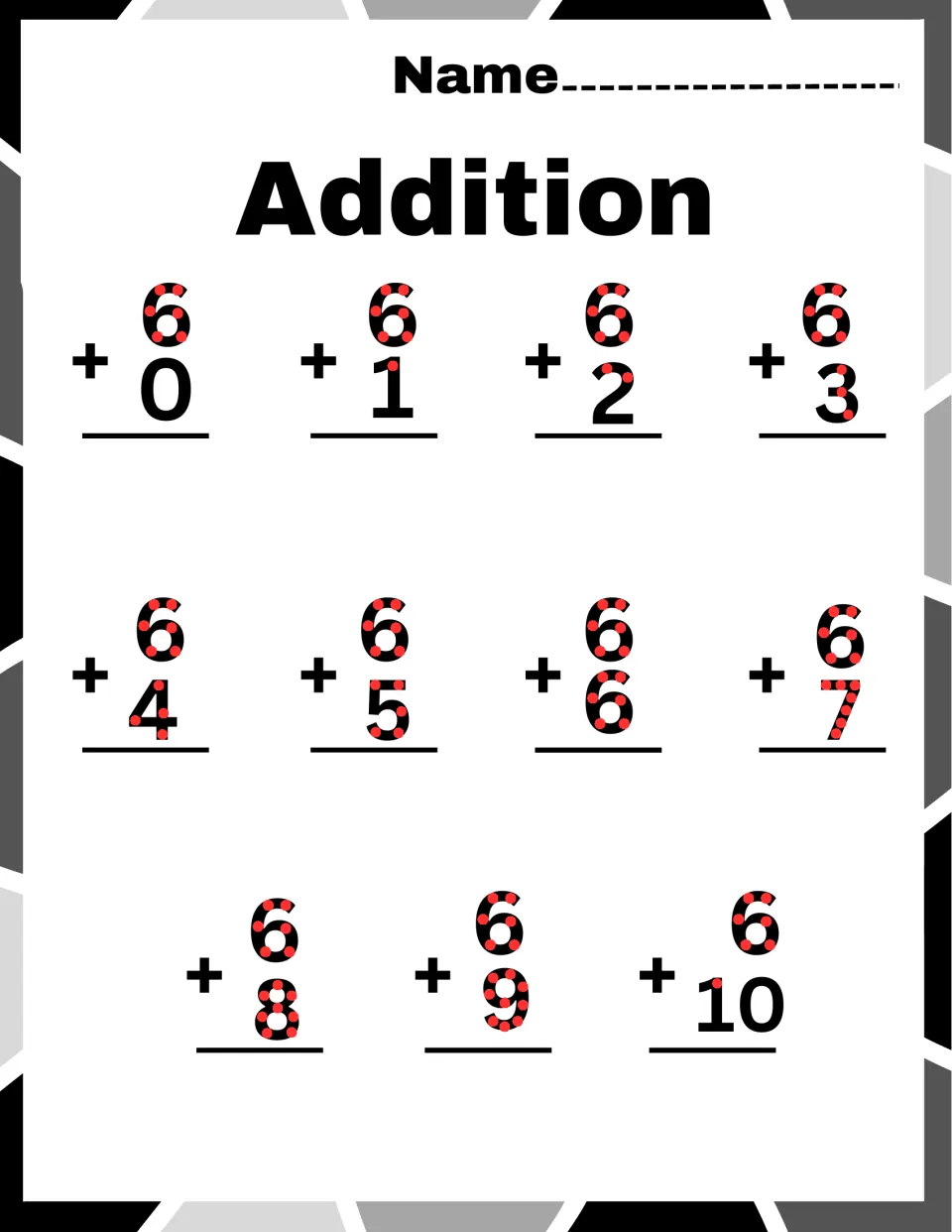 Adding 6 facts: students touch each red dot on 6 and the second addend to solve 6 + 0 through 6 + 10, eleven sums
