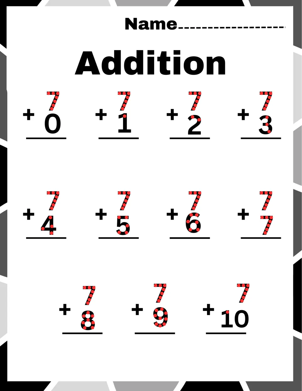 Adding 7 facts: students count touch dots along each dotted 7 and second number to solve 7 + 0 to 7 + 10 vertically
