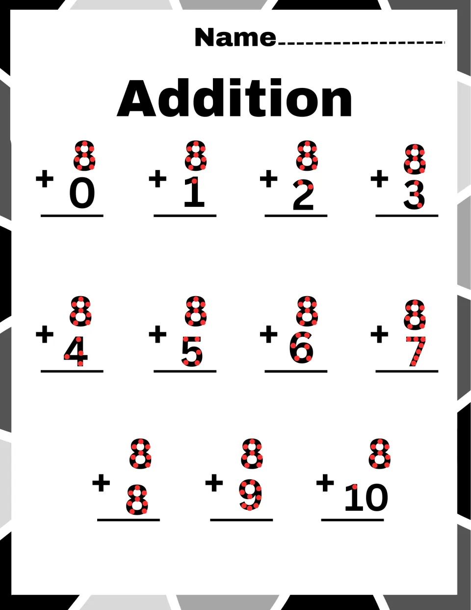 Adding 8 facts: students use the red touch dots on each numeral to work out 8 + 0 through 8 + 10, 11 vertical problems