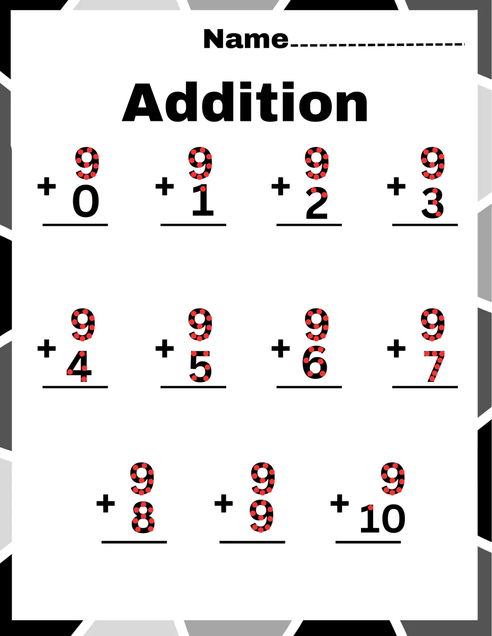 Adding 9 facts: students count the red touch dots to solve 9 + 0 through 9 + 10, the last and largest facts in the set