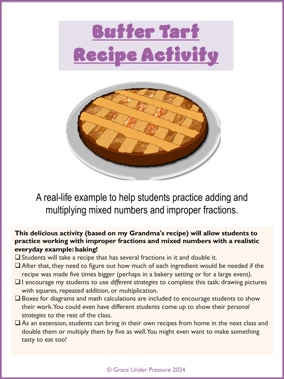 Butter Tart Recipe Activity cover: doubling and multiplying a recipe by five using mixed numbers and improper fractions