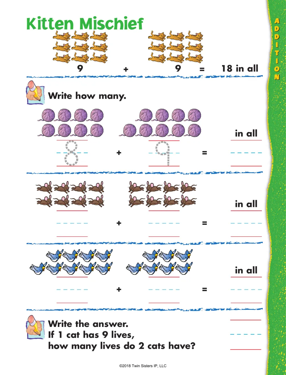 Kitten Mischief addition practice: count yarn, mice, and birds, then solve a question about two cats' lives