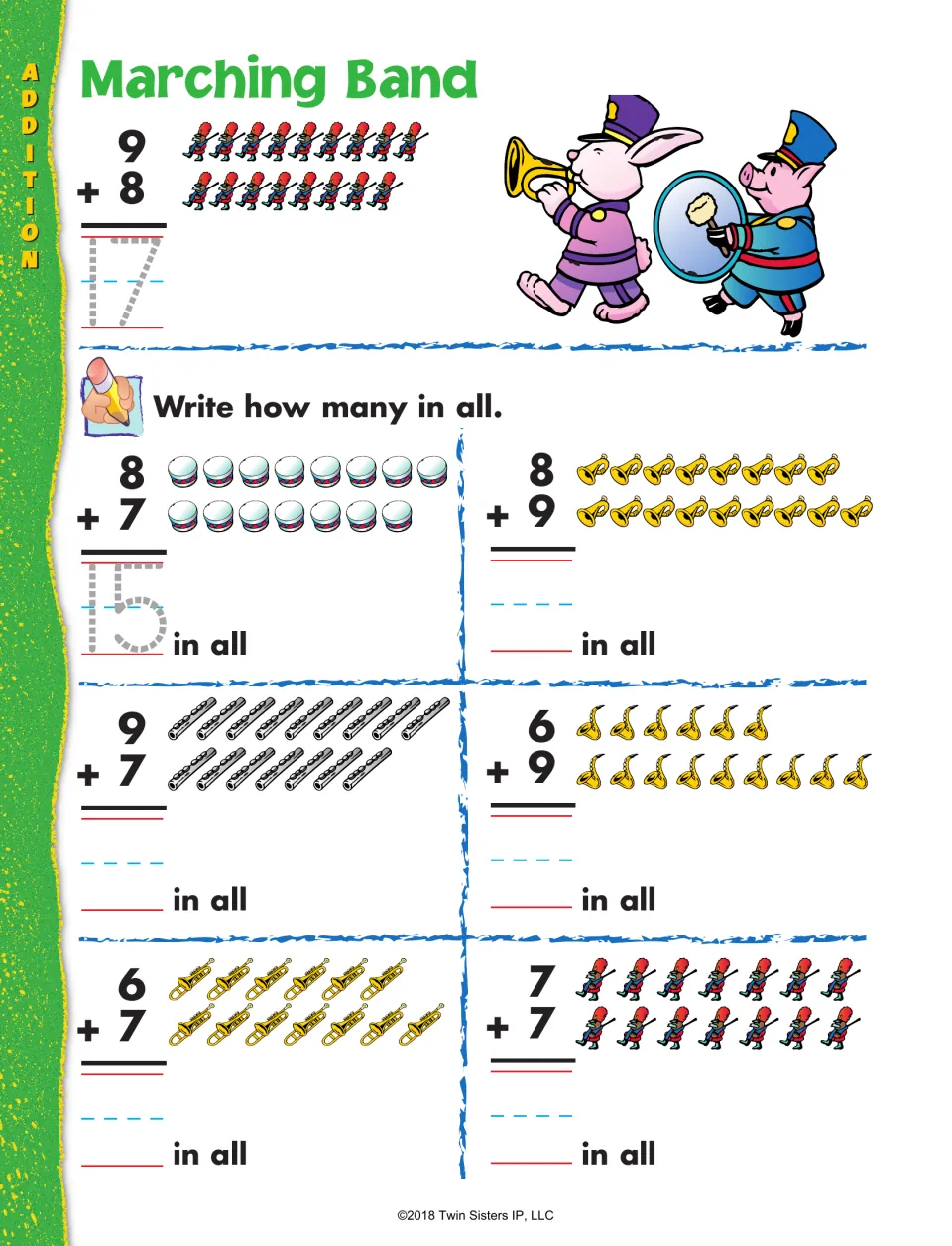 Marching Band addition practice: count instruments to solve six vertical sums, including 8 + 7 and 8 + 9