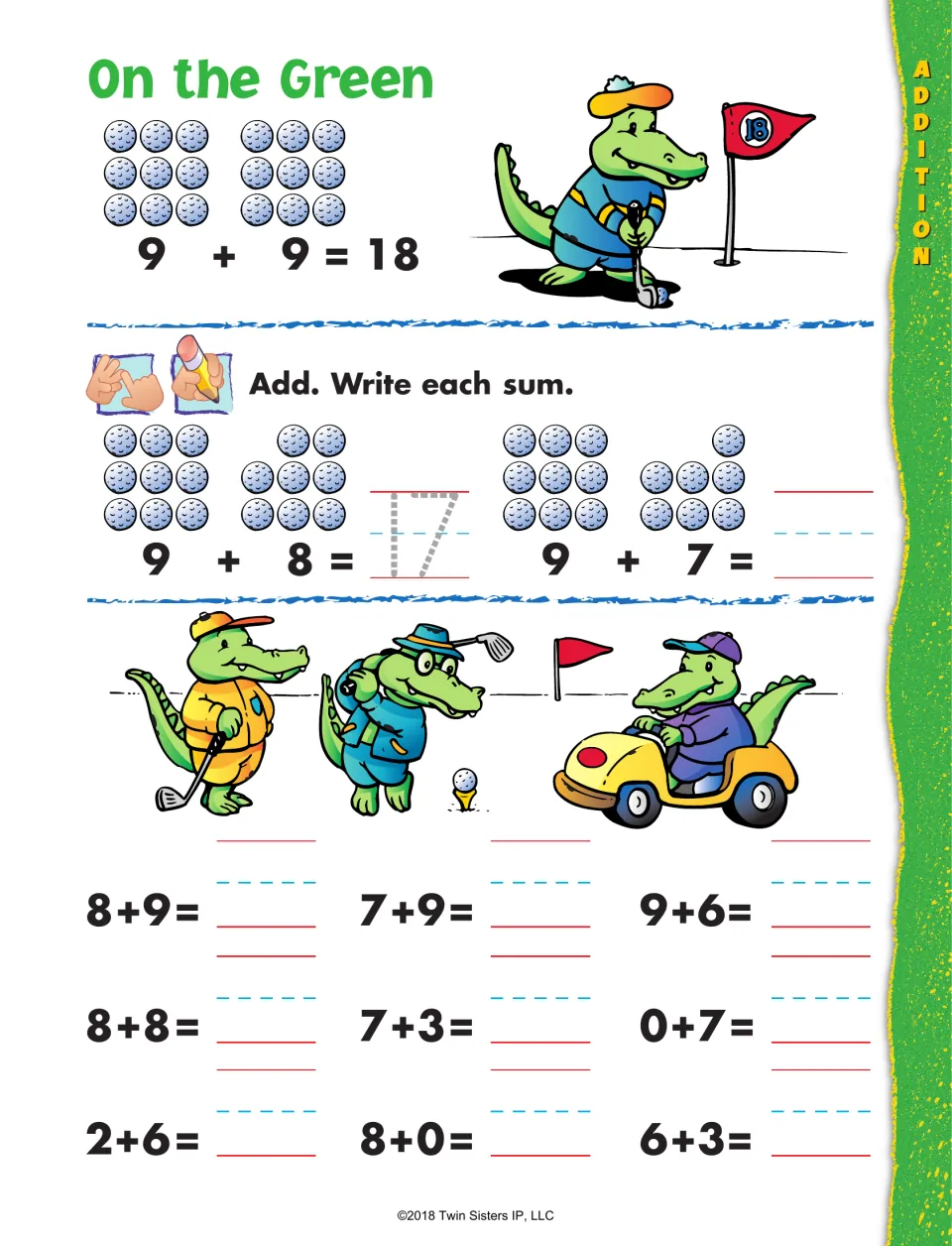 On the Green addition practice: use golf balls for 9 + 8 and 9 + 7, then complete nine more addition facts
