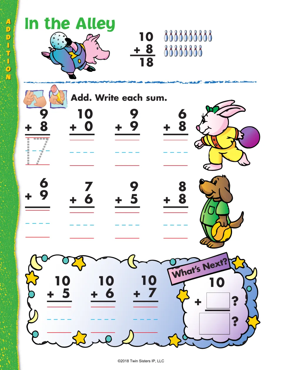 In the Alley addition practice: solve eight vertical sums, then extend the 10 + 5, 10 + 6, 10 + 7 pattern