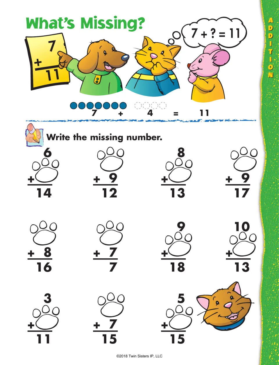 What's Missing? addition practice: find missing addends in 11 equations after the example 7 + 4 = 11