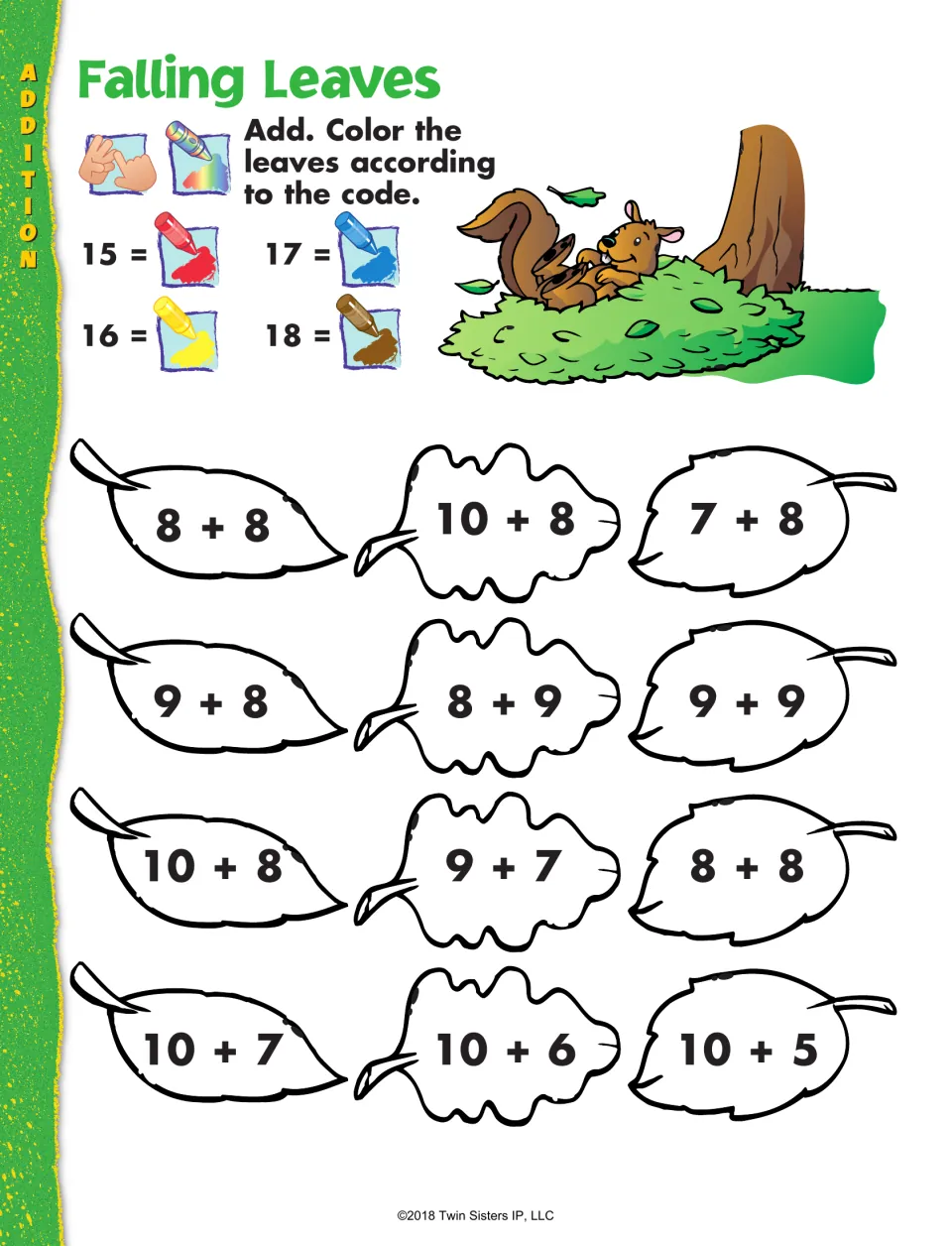 Falling Leaves addition activity: solve 12 sums and color leaves red for 15, yellow for 16, blue 17, brown 18