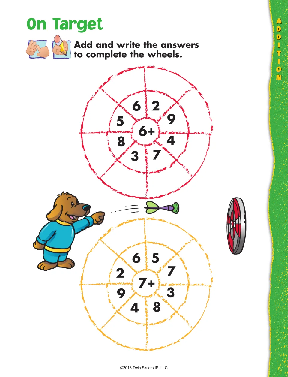 On Target addition practice: complete two number wheels by adding 6 or 7 to each of eight given numbers
