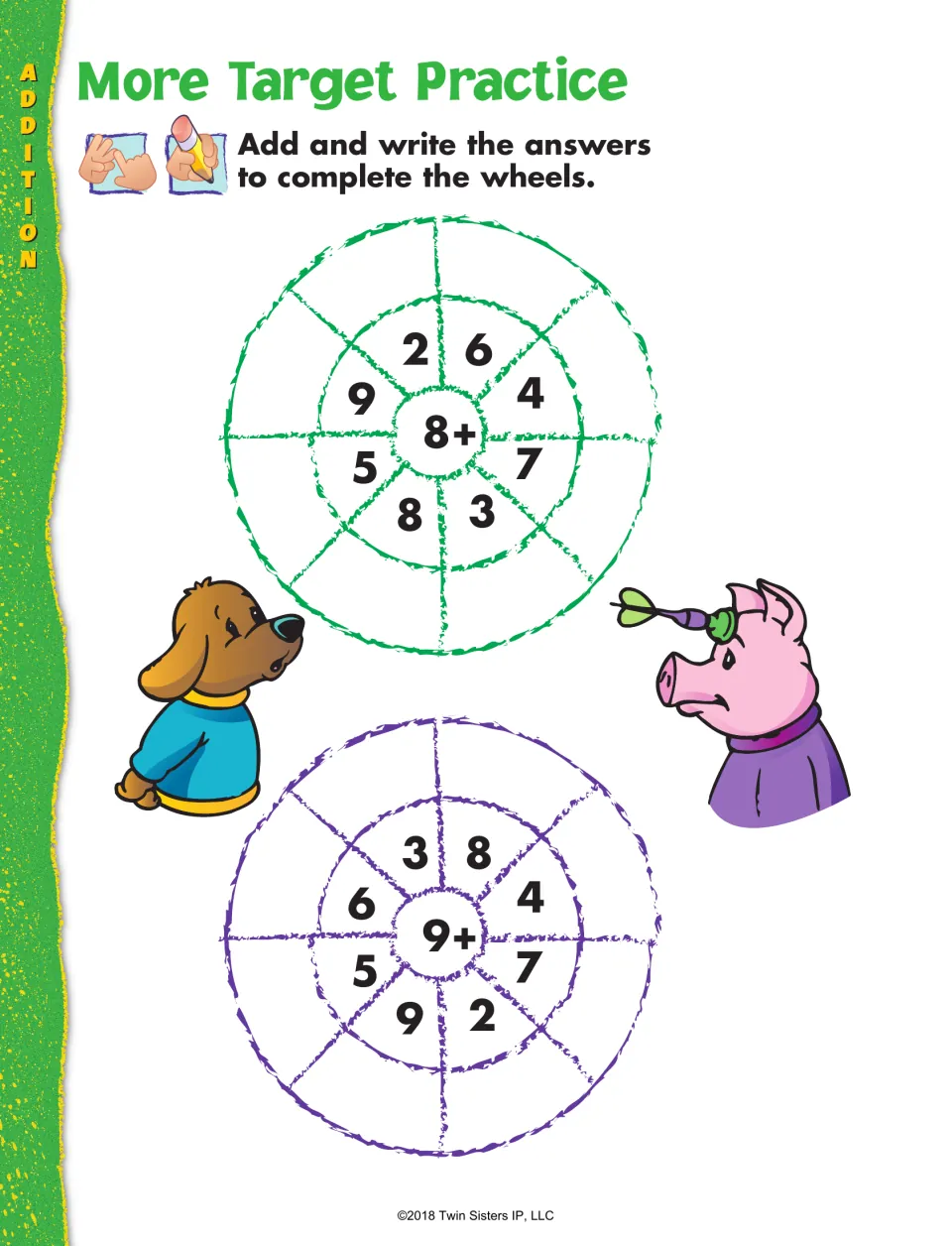 More Target Practice addition sheet: complete two number wheels by adding 8 or 9 to eight given numbers