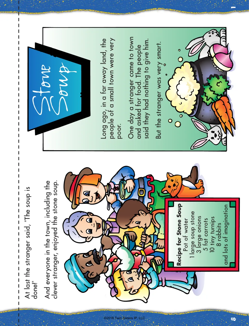 Stone Soup mini book sheet: opening and ending story pages, plus a recipe listing onions, carrots, and more