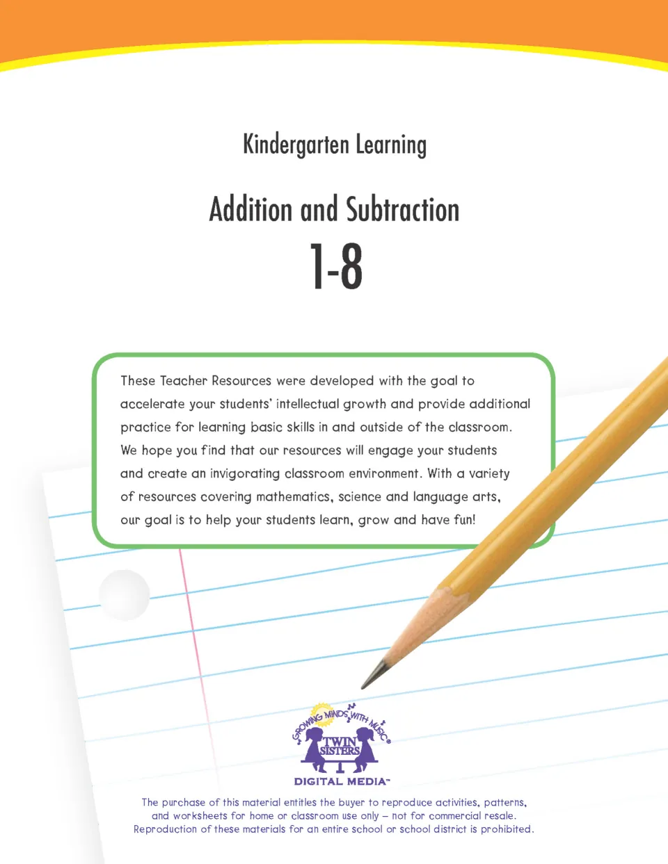 Twin Sisters cover for Addition and Subtraction 1-8, with a note to teachers and a home or classroom use notice