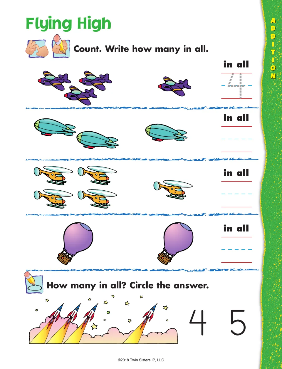 Flying High addition: students count two groups of planes, blimps, helicopters and balloons and write how many in all