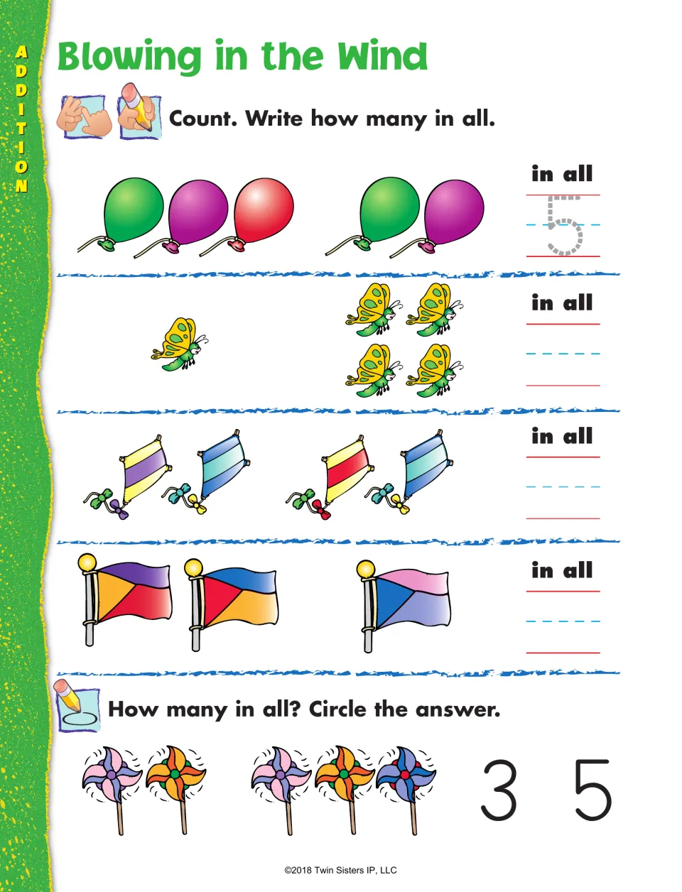 Blowing in the Wind addition: students count balloons, butterflies, kites and flags and write how many in all