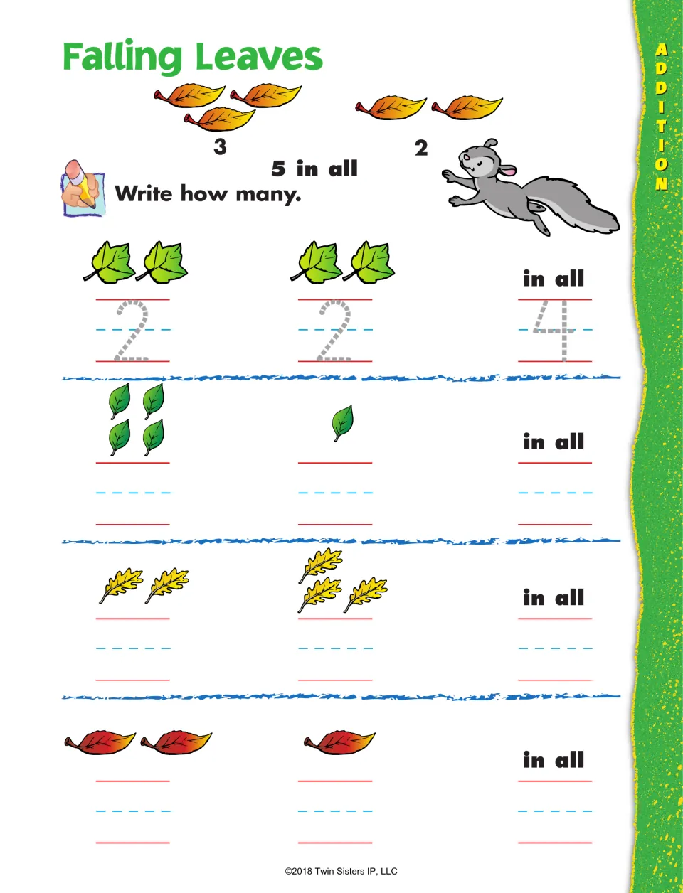 Falling Leaves addition: students write the number of leaves in each of two groups and then write how many in all