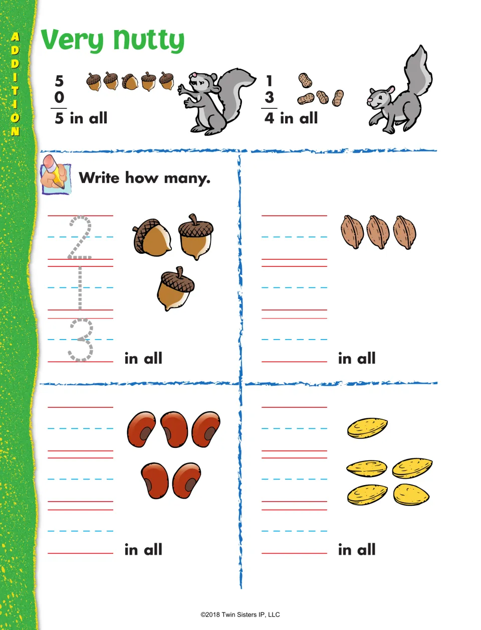 Very Nutty addition: students write each group of acorns, walnuts, beans and seeds stacked vertically, then the total