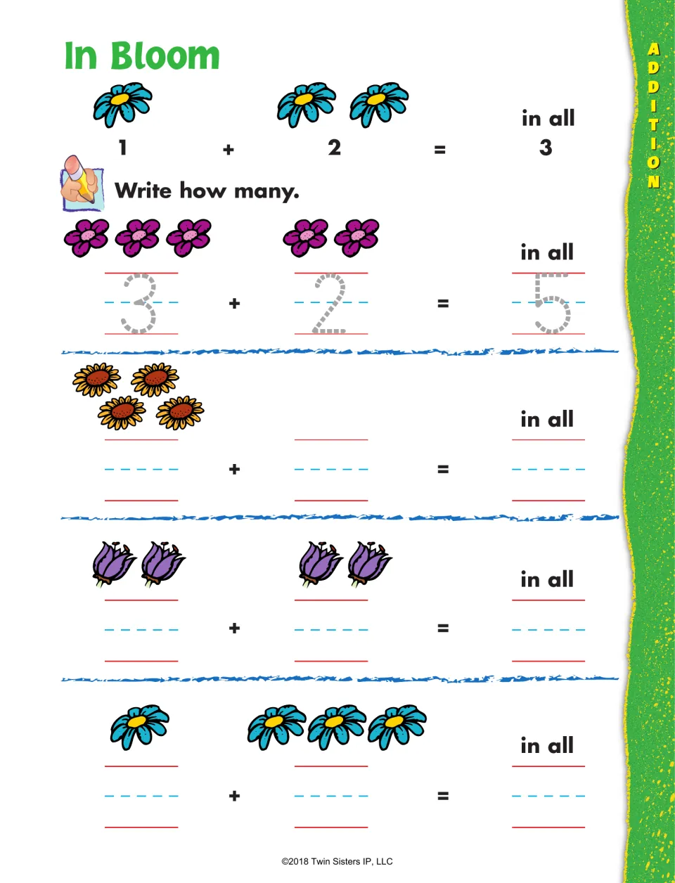 In Bloom addition sentences: students count two groups of flowers and fill in each addend and the sum, as in 1 + 2 = 3