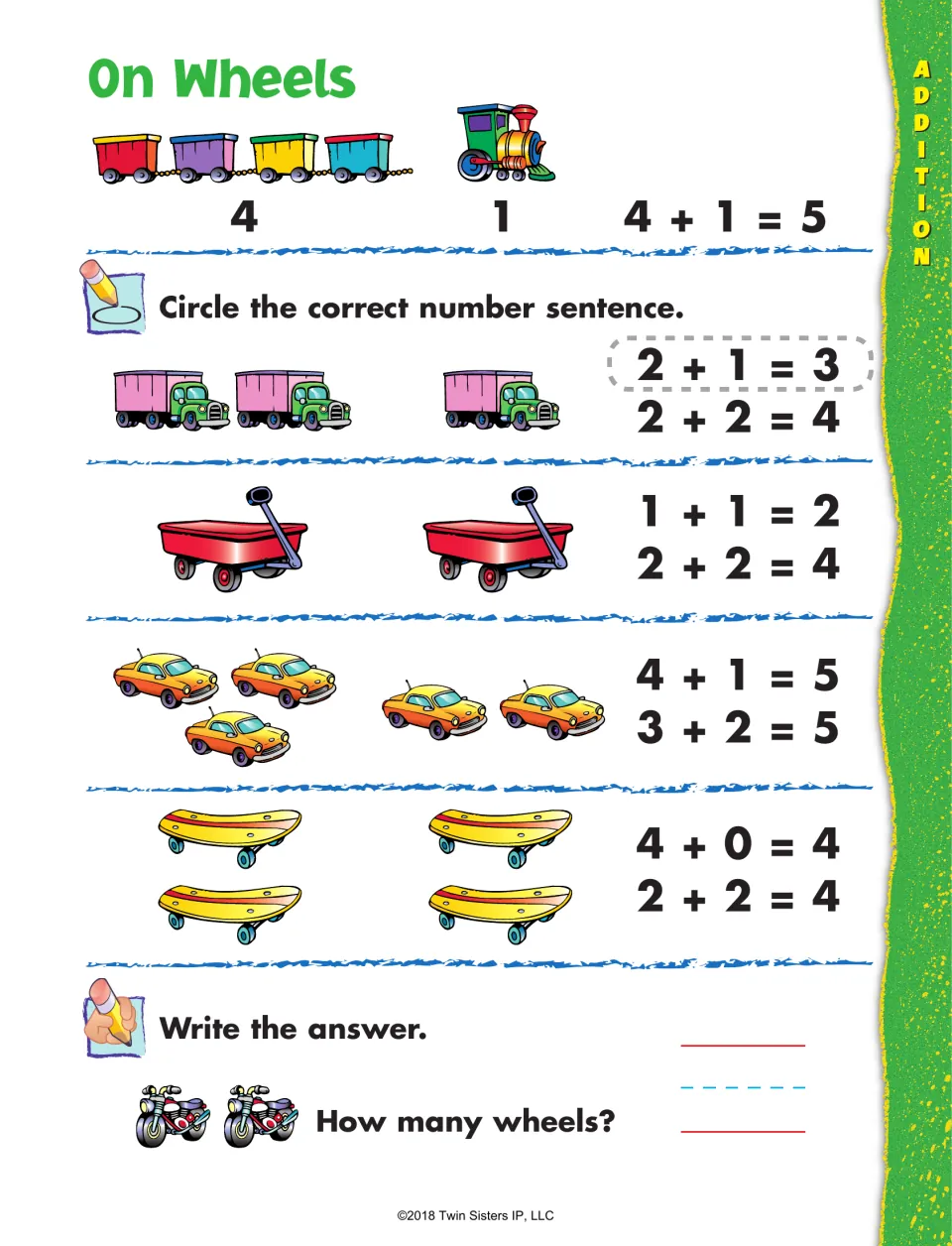 On Wheels: students circle the number sentence that matches trucks, wagons, cars and skateboards, then count motorbike wheels