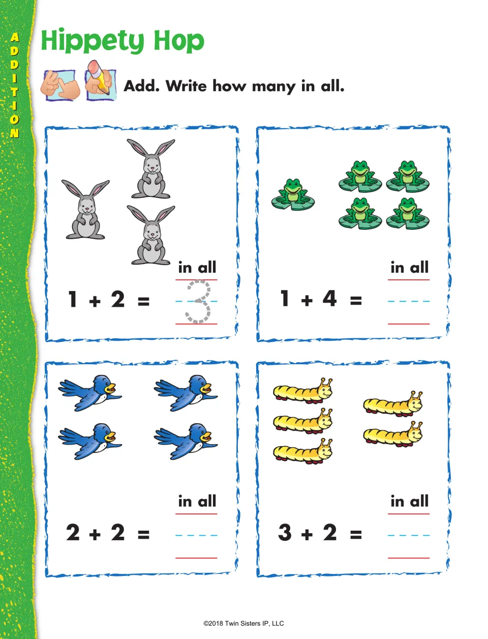 Hippety Hop addition: students solve 1 + 2, 1 + 4, 2 + 2 and 3 + 2 with bunnies, frogs, birds and caterpillars