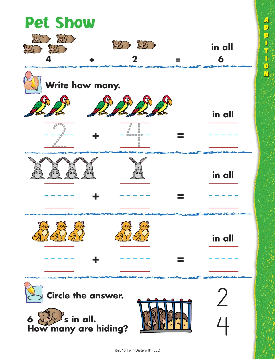 Pet Show addition: students write sentences for parrots, rabbits and cats, then find how many of 6 bears hide in a cage
