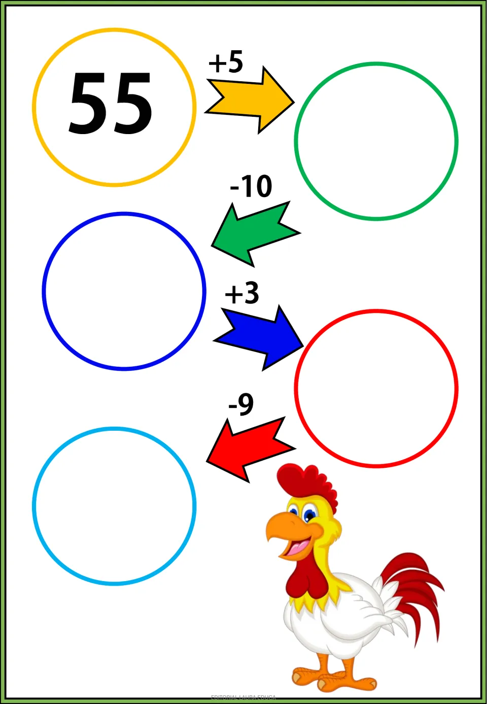 Addition and subtraction exercise starting at 55: follow +5, -10, +3, and -9 to fill four missing numbers.
