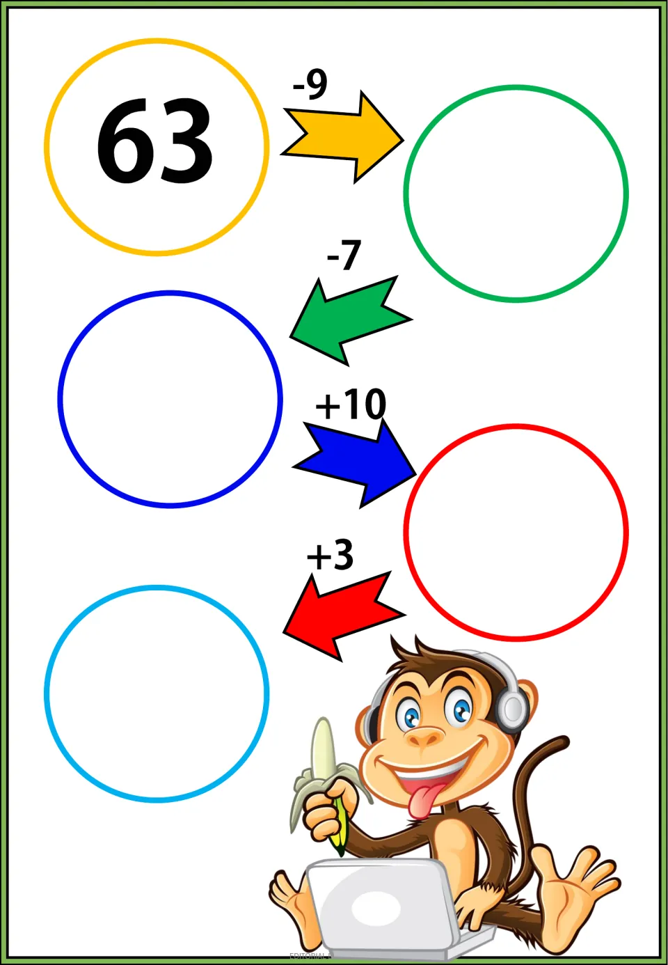 Addition and subtraction exercise starting at 63: follow -9, -7, +10, and +3 to fill four missing numbers.