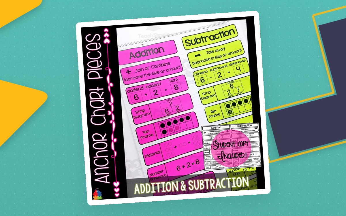 Addition & Subtraction anchor-chart pack cover with colorful sample operation-strategy cards and student-copy labels.