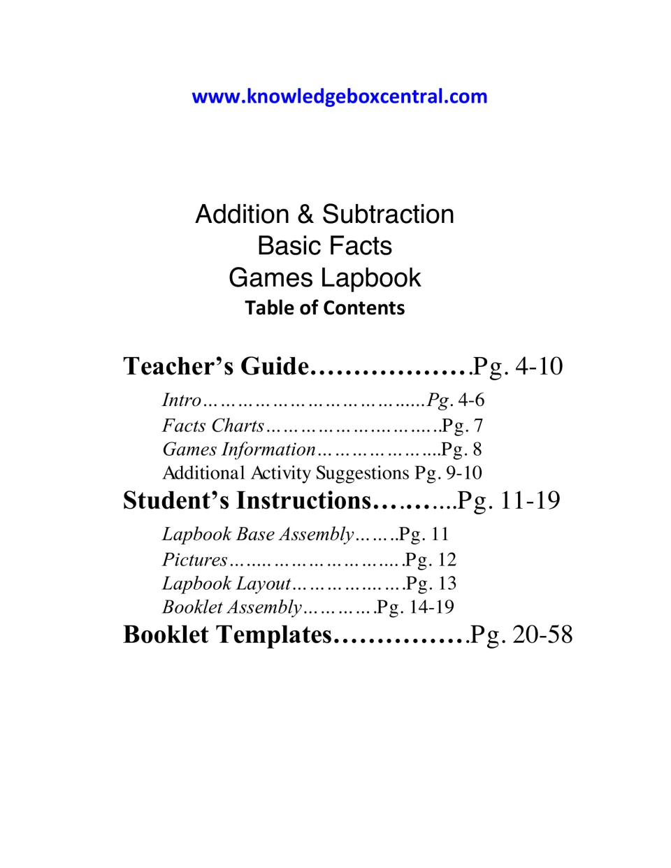 Table of contents listing the teacher's guide, student instructions for assembly and booklet templates on pages 20-58