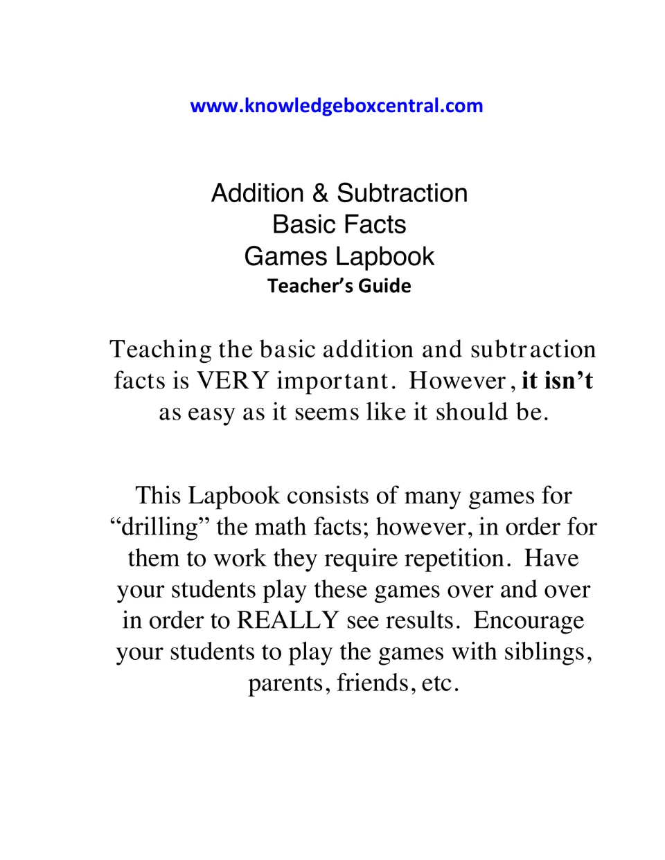 Teacher's guide introduction: why basic math facts need drilling, and a note to have students replay the games often