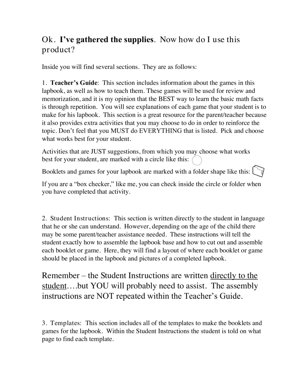 How to use the product: explains the teacher's guide, student instructions and templates, plus circle and folder icons