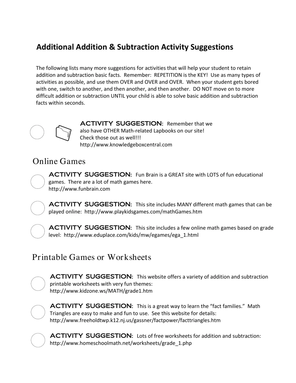 More addition and subtraction activity ideas: online math game sites and printable worksheets, including fact triangles