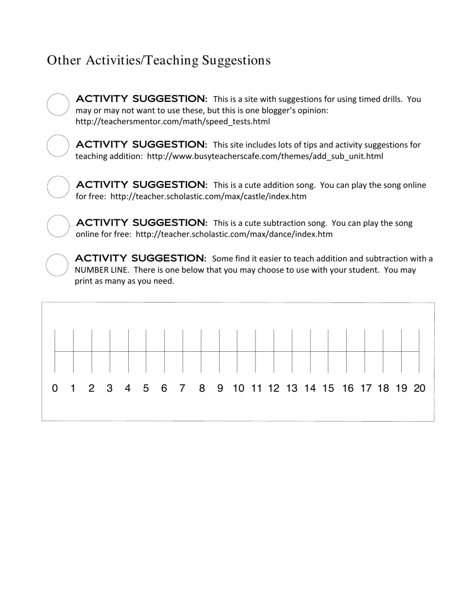 Teaching suggestions: timed drill tips, addition and subtraction songs, and a printable number line from 0 to 20