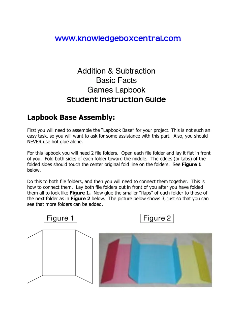 Student instruction guide: steps to fold two file folders and glue their flaps together to build the lapbook base