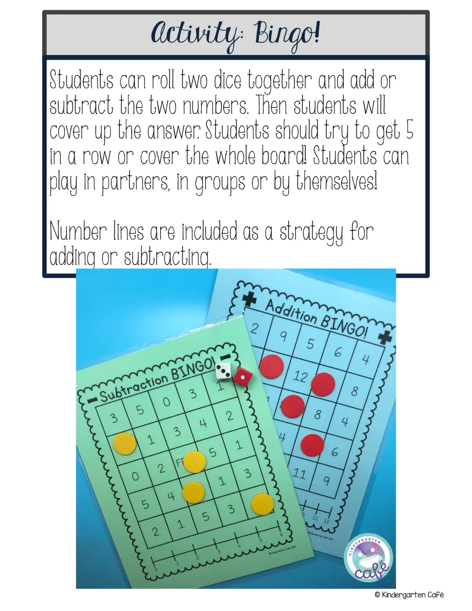 Bingo directions: roll two dice, add or subtract, and cover the answer to get five in a row or fill the board